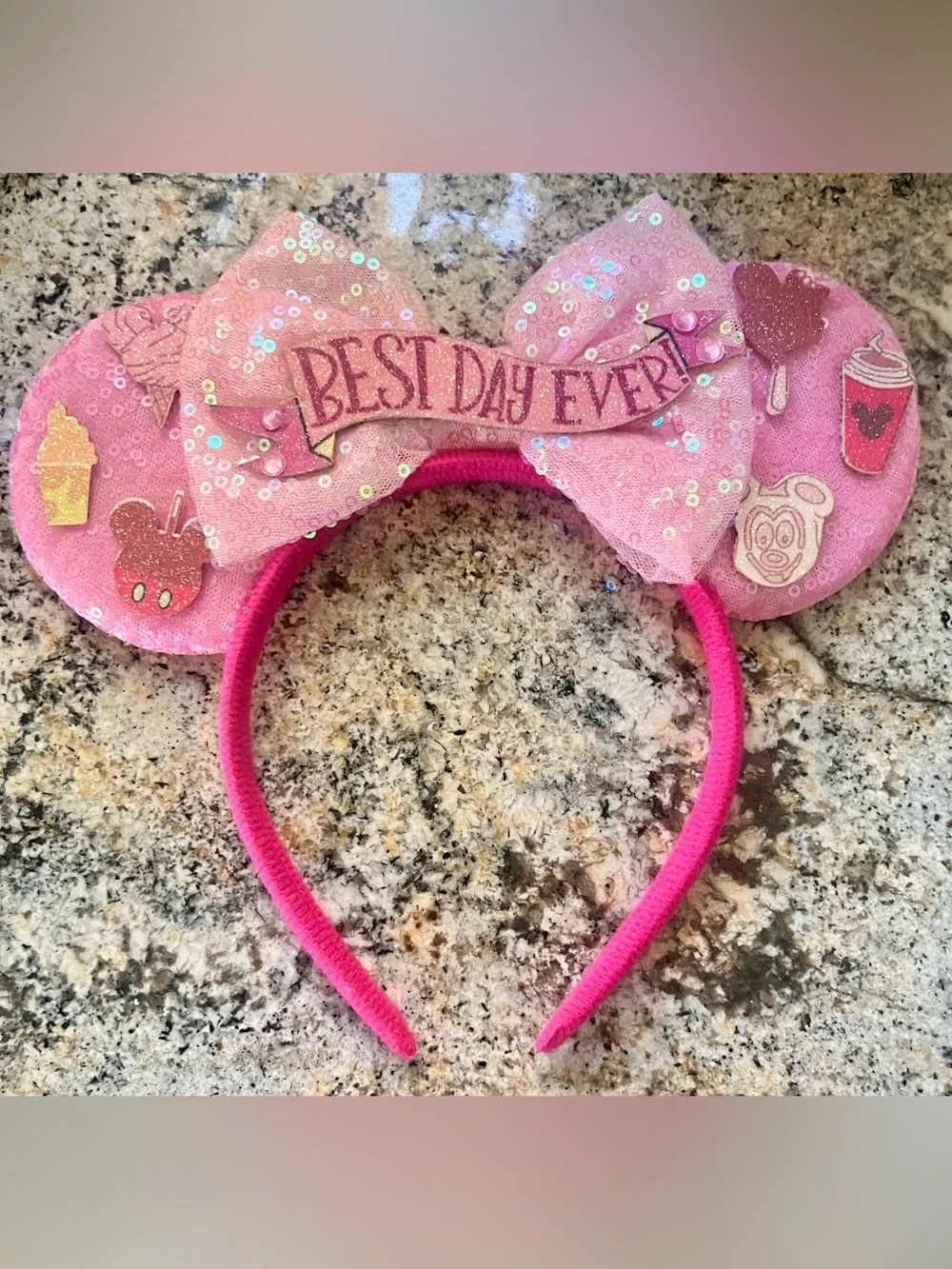 Pink Sequin Kids “Mickey Mouse” Ear Headband with 'Best Day Ever' Banner